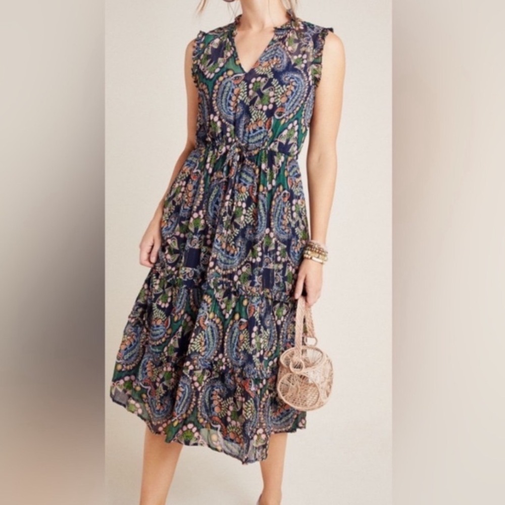 Anthropologie Paisley Tiered Midi Dress Womens 4 Navy Boho Metallic Lurex Ruffle